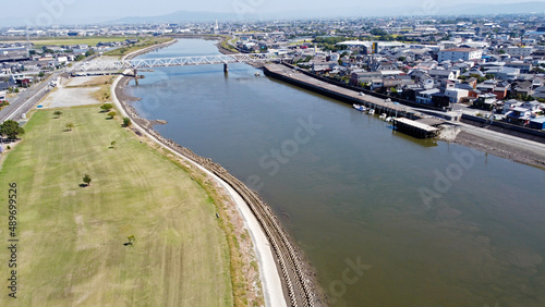 筑後川と大川橋のドローン空撮 © Kinapi