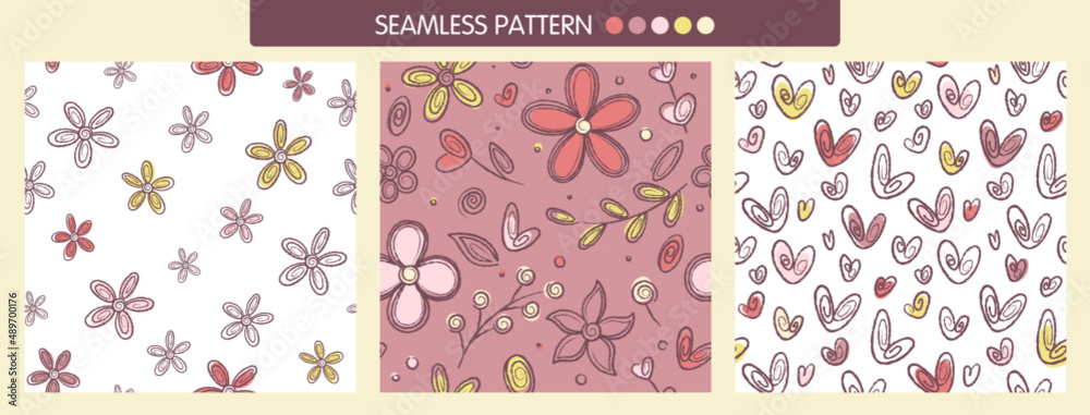 Seamless background with hand drawn flowers. Set of endless flat design textures depicting flowers and hearts. Vintage. Vector illustration.