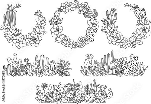 Cacti and succulents. wreaths hand drawn vector.