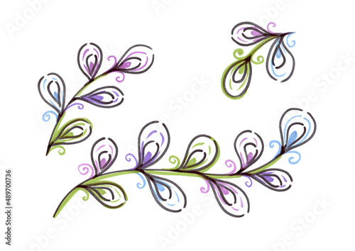 Set colorful leaves on white background. Provence Illustration. Felt pen Illustration