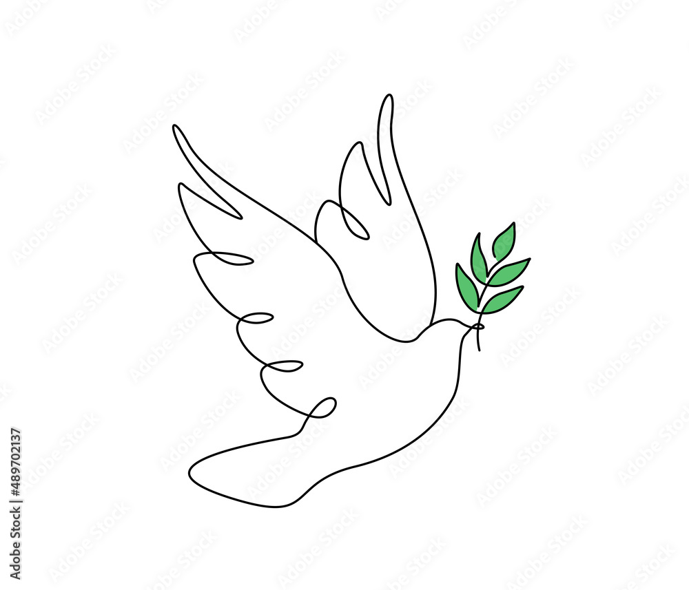 One continuous line drawing of flying dove with green olive twig. Bird and branch symbol of love peace and freedom in simple linear style. Pigeon icon. Doodle vector illustration