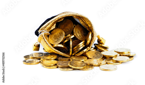 A bag with gold coins on a isolated on a white background. The money in a black bag. Treasure Hunt. A Purse with money. Wallet wit gold coins