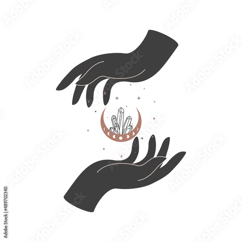 Magic hands with crescent moon with healing crystal in trendy boho style. Alchemy luna symbol for branding or logo for cosmetics or beauty products. Esoteric and mystical Vector illustration
