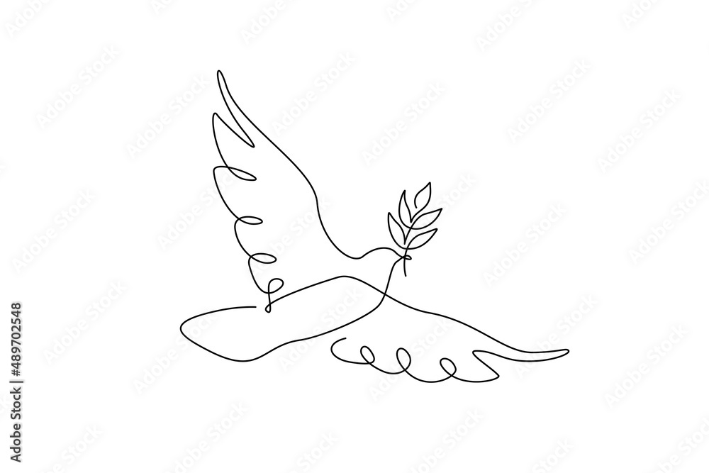 Poster Peace dove with olive branch in One continuous line drawing ...