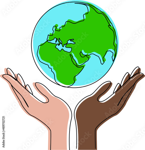 The hands of different races hold the planet. An illustration calling for peace on Earth and in the world. Different nationalities for world peace. saving the ecology of the earth. Vector illustrate. 
