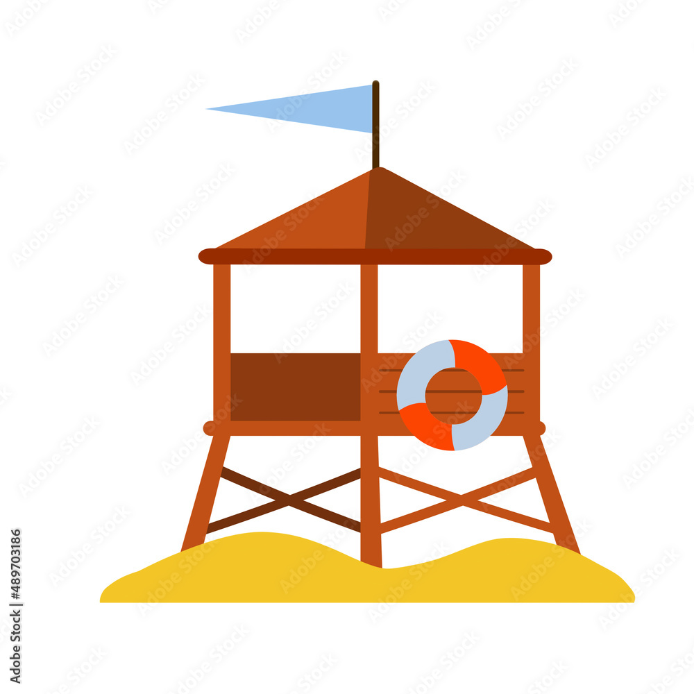 Rescue beach tower. Sea life guard tower. Beach lifeguard house. Flat wooden high hut. Rescue beach tower. Sea life guard tower. Beach lifeguard house. Flat wooden high hut.