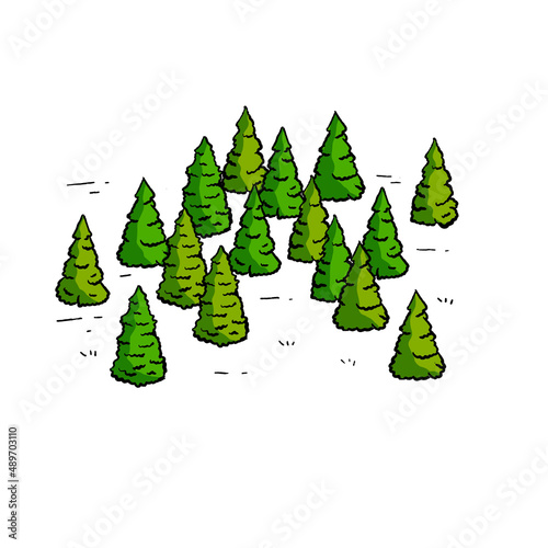 Christmas trees in green forest. Summer Natural landscape for retro maps in engraving style. Hand drawn outline cartoon illustration