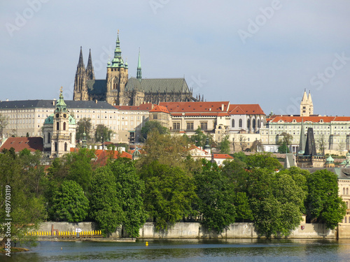 Prague, Czechia - A view from below of Prague Castle, which was built in the 9th century and is the largest ancient castle in the world.  Image has copy space.