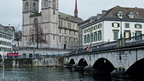 Grossmünster Iconic twin-towered Romanesque cathedral, Zurich, Switzerland. Protestant church where 1500s religious reformer Huldrych Zwingli preached. photo