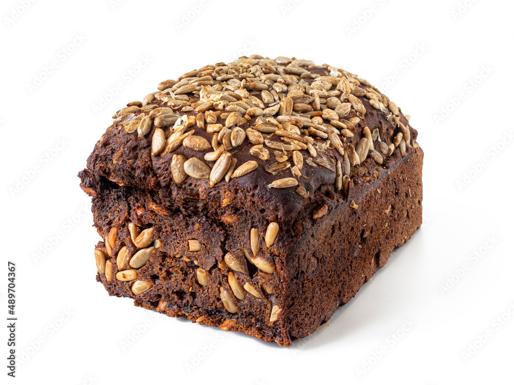 Wheat and rye flour bread with sunflower seeds, on a white background Wheat and rye flour bread with sunflower seeds, on a white background