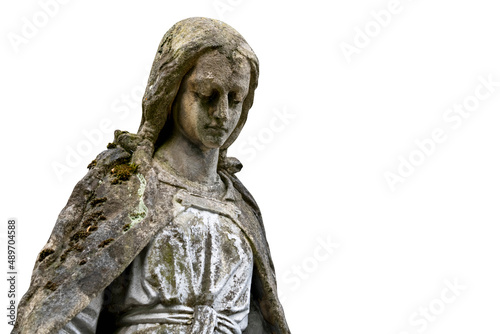 Fragment of an ancient stone statue of beautiful Virgin Mary. Isolated on white background. Copy space for design.