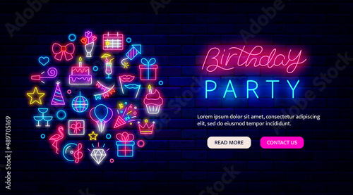Birthday party neon greeting card. Landing page template. Round layout with shiny icons. Vector stock illustration