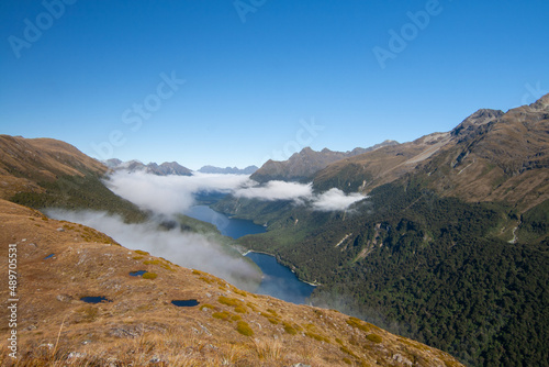Scenic view of Lake Gunn Fergus and Livingstone Range from Key Summit Ridge  Fiordland National Park  New Zealand South Island