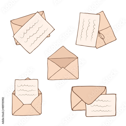 Closed envelope doodle icon set. Vector cartoon illustration with sketch letter for paper design. Hand drawn envelope. Flat mail icon. Brown letter in cartoon style