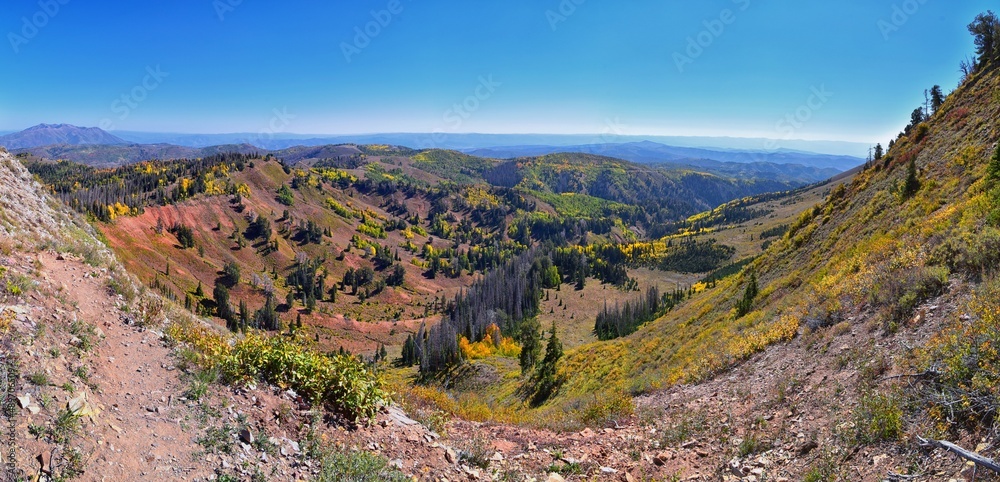 Views from hiking trail of Mount Nebo Wilderness Peak 11,933 feet, fall leaves panoramic, highest in the Wasatch Range of Utah, Uinta National Forest, United States. USA.
Views from hiking trail of Mount Nebo Wilderness Peak 11,933 feet, fall leaves panoramic, highest in the Wasatch Range of Utah, Uinta National Forest, United States. USA.
