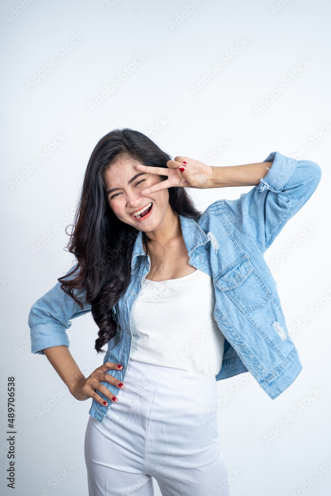 asian woman with cute hand gesture portrait on white asian woman with cute hand gesture portrait on white