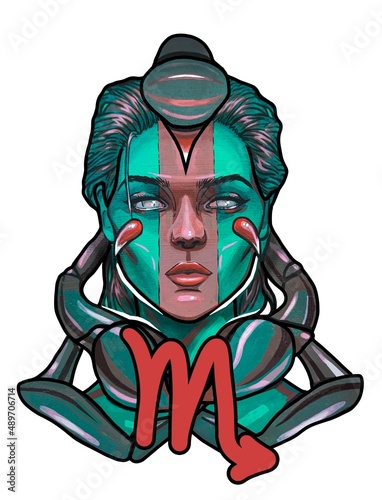 Illustration of the zodiac sign "Scorpio" in the form of a militant girl with green skin with a red stripe and a sting of a scorpion.