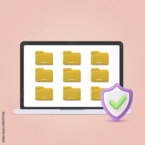 3d securited data file folders on computer concept. Vector photo