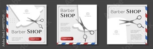 Barbershop scissors social media post, banner set, classic vintage barber shop advertisement concept, hairdresser salon marketing square ad, abstract print, isolated on background
