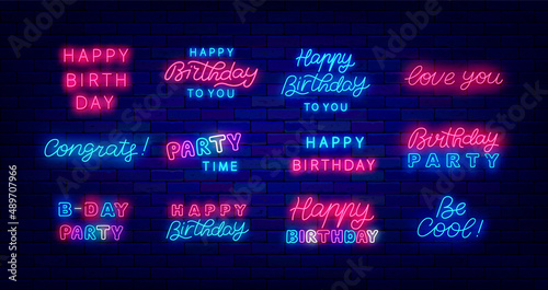 Happy Birthday neon lettering collection. Shiny calligraphy greeeting card. Luminous quote pack. Vector illustration