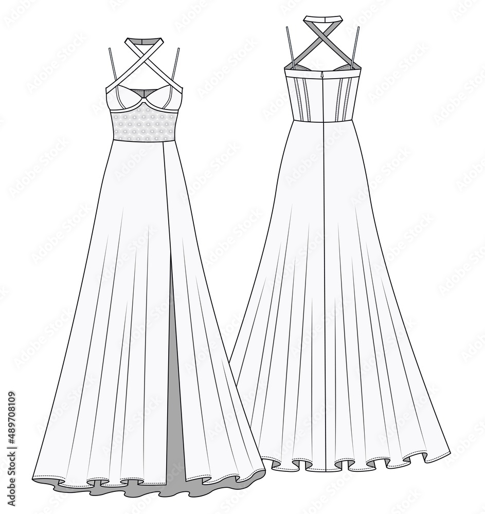 Dress fashion flat sketch template. Women long dress technical drawing ...