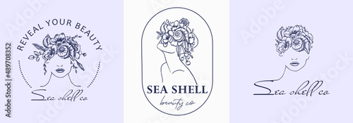Vector Boho girl logo. Woman Head with sea shell, flowers, bonnet. Illustration in vintage style, for beauty center, fashion studio, haircut salon and cosmetics.