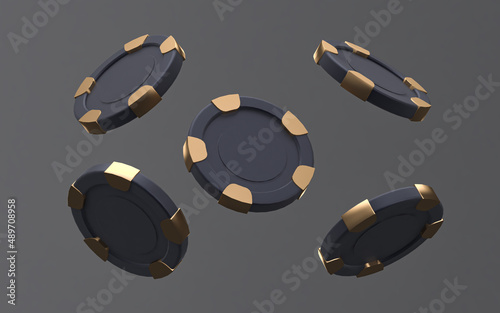 Flat golden casino chips 3D rendering. Flying casion chips. Poker 3D rendering, mono colored background. Casino chip with gold parts  3d Illustration isolated on dark background.
