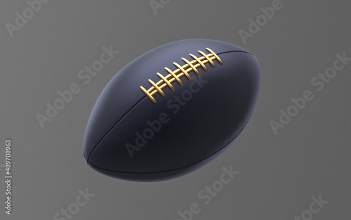 Flat golden Rugby  ball 3D rendering. Sport ball 3D rendering, mono colored background. Rugby ball with gold parts  3d Illustration isolated on dark background.
