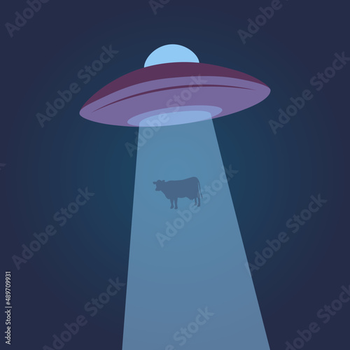 Alien abduction cow. Vector illustration UFO and cow