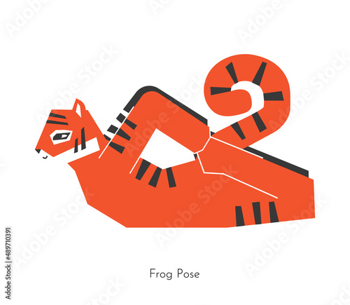 Vector isolated concept with cartoon animal character learning reclining yoga practice - Frog posture. Bengal tiger does core asana - Bhekasana. Flat illustration shows fitness exercise photo