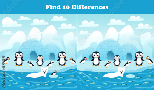 Find ten differences printable worksheet with arctic penguinsand puffins and north pole landscape for kids