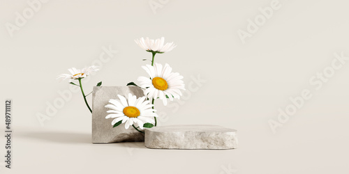 Stone podium, Cosmetic display stand with daisy blossom flowers on brown background. 3D rendering  photo