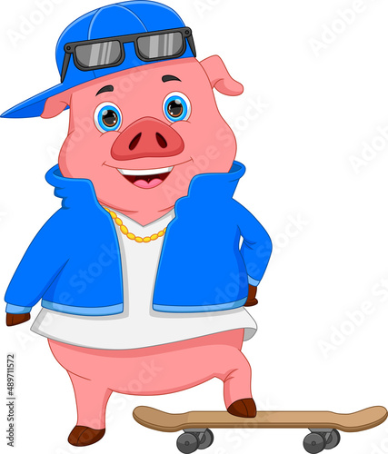 cartoon cute pig pose with skateboard