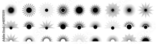 Hand drawn set of Sun, sunburst, light rays in line art. Bohemian symbol bursting sun rays. Magic talisman, antique style, boho, tattoo, logo. Vector illustration isolated on white background.