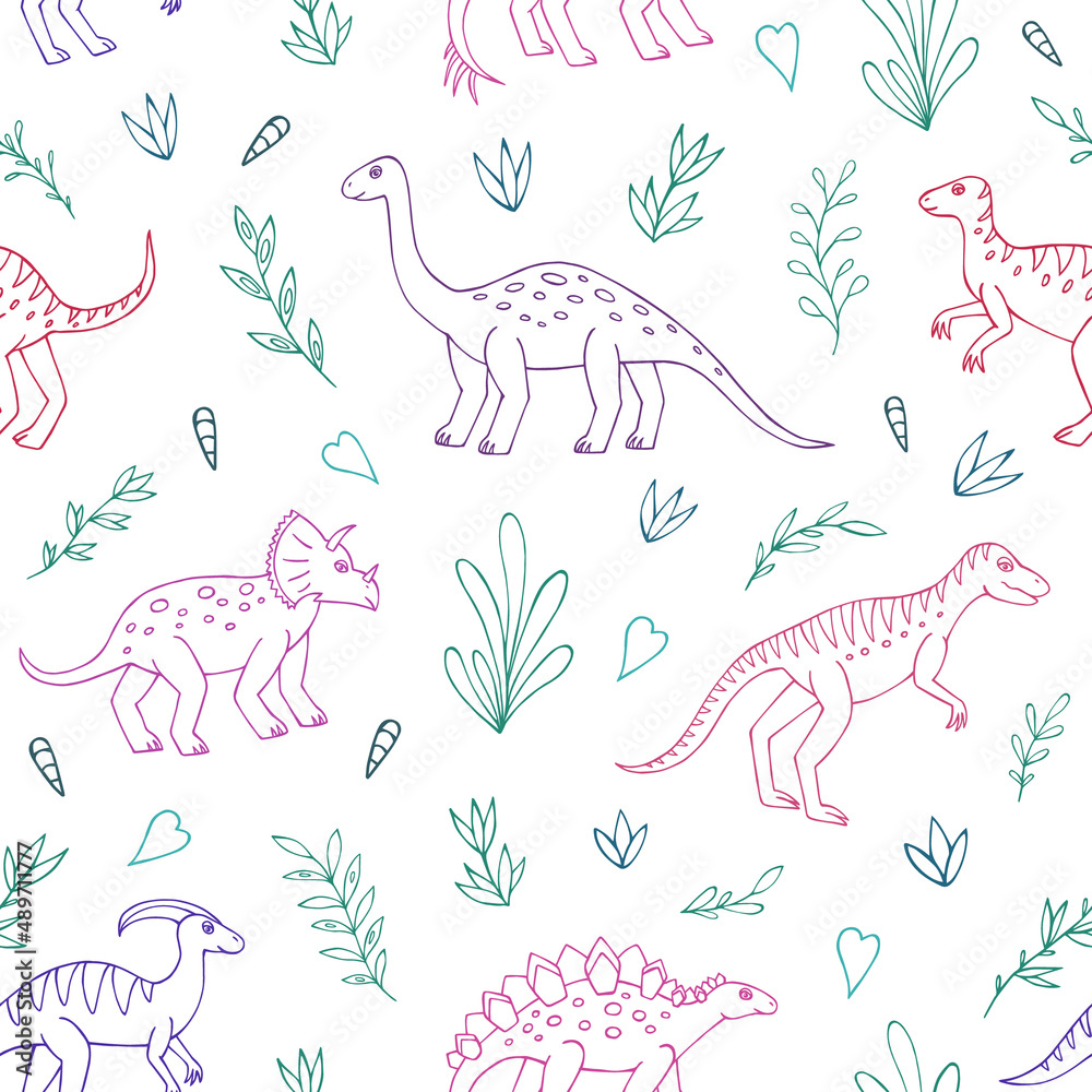 Fototapeta premium Seamless vector pattern with sketch of dinosaurs and abstract floral. Decoration print for wrapping, wallpaper, fabric. Seamless vector texture.