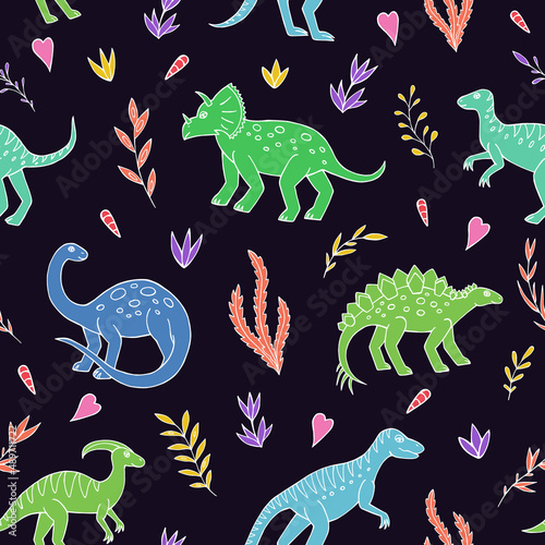 Seamless vector pattern with sketch of dinosaurs and abstract floral. Decoration print for wrapping, wallpaper, fabric. Seamless vector texture. 