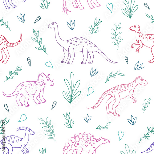 Seamless vector pattern with sketch of dinosaurs and abstract floral. Decoration print for wrapping, wallpaper, fabric. Seamless vector texture. © Anna Sobol