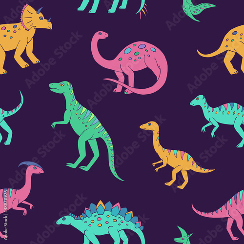 Seamless vector pattern with sketch of dinosaurs. Decoration print for wrapping  wallpaper  fabric. Seamless vector texture. 