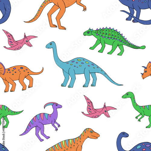 Seamless vector pattern with sketch of dinosaurs. Decoration print for wrapping  wallpaper  fabric. Seamless vector texture. 