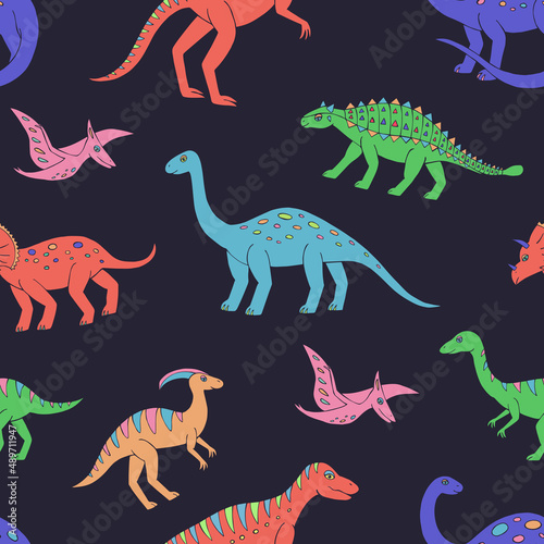 Fototapeta Naklejka Na Ścianę i Meble -  Seamless vector pattern with sketch of dinosaurs. Decoration print for wrapping, wallpaper, fabric. Seamless vector texture. 