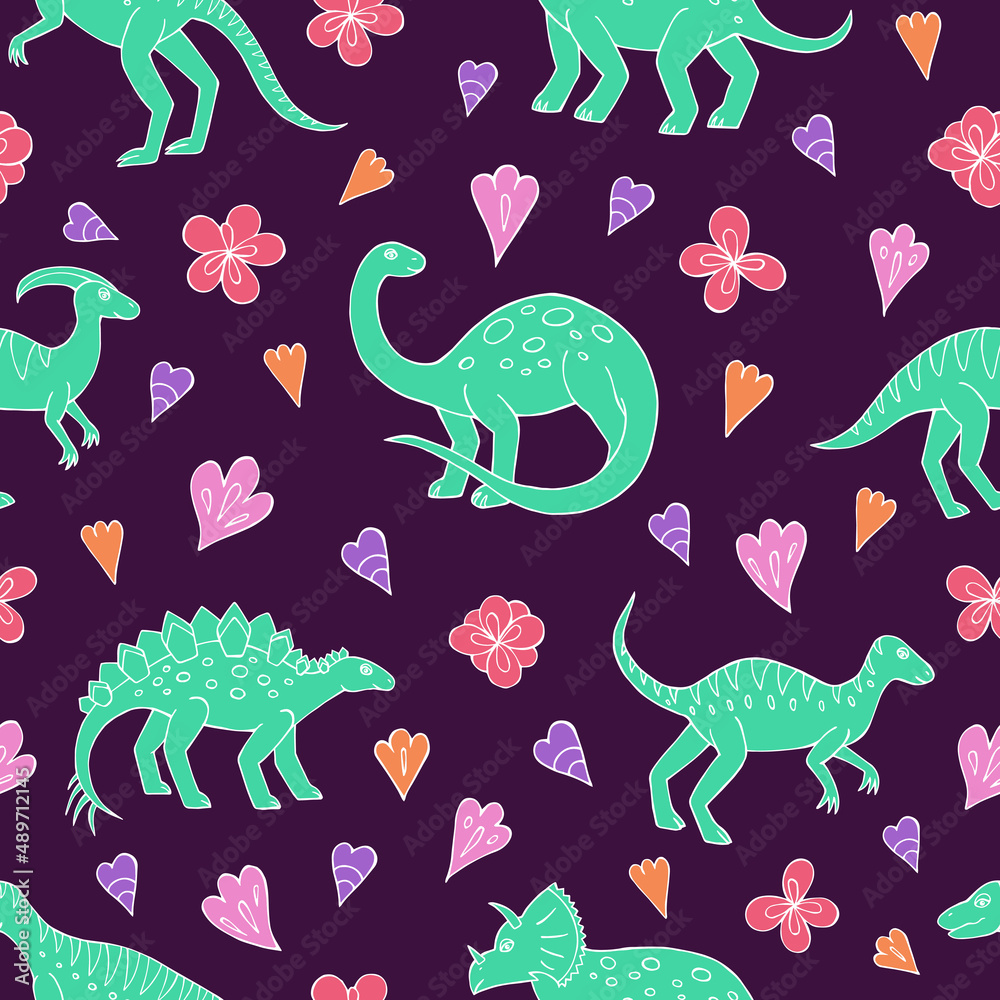 Obraz premium Seamless vector pattern with sketch of dinosaurs and abstract floral. Decoration print for wrapping, wallpaper, fabric. Seamless vector texture.
