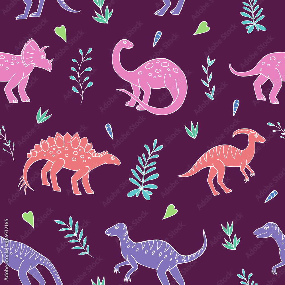 Fototapeta premium Seamless vector pattern with sketch of dinosaurs and abstract floral. Decoration print for wrapping, wallpaper, fabric. Seamless vector texture.