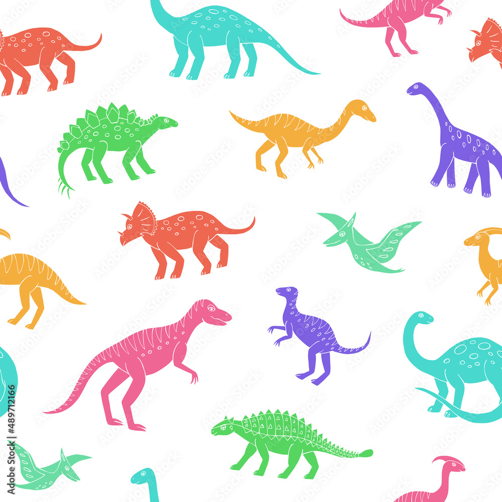 Seamless vector pattern with sketch of dinosaurs. Decoration print for wrapping, wallpaper, fabric. Seamless vector texture.
