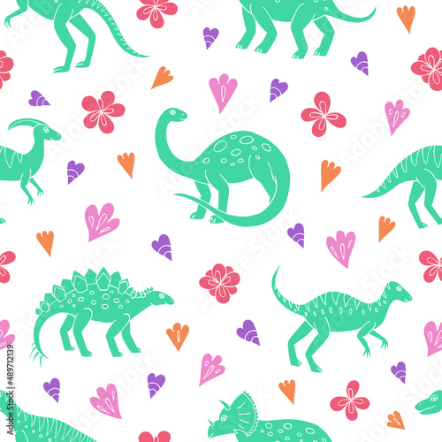 Seamless vector pattern with sketch of dinosaurs and abstract floral. Decoration print for wrapping  wallpaper  fabric. Seamless vector texture.