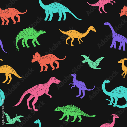 Fototapeta Naklejka Na Ścianę i Meble -  Seamless vector pattern with sketch of dinosaurs. Decoration print for wrapping, wallpaper, fabric. Seamless vector texture.
