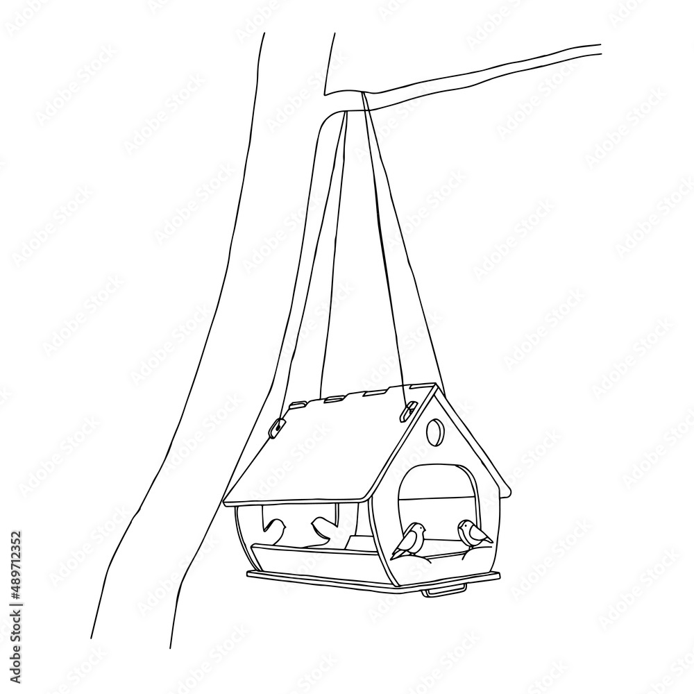Black hand drawn outline vector illustration of A birdhouse or squirrel house for birds or squirrel from new boards is hanging on a tree isolated on a white background