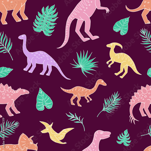 Seamless vector pattern with sketch of dinosaurs and tropical plant. Decoration print for wrapping  wallpaper  fabric. Seamless vector texture.