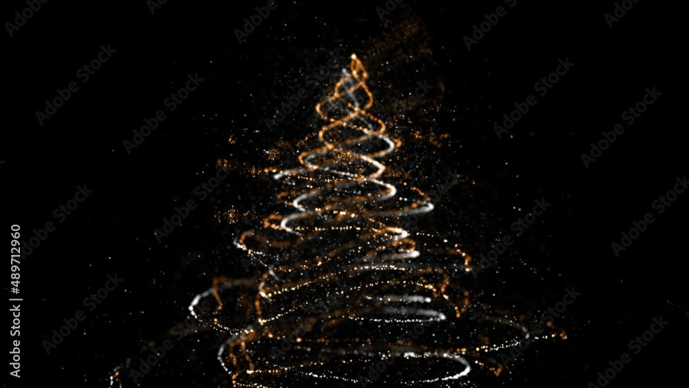 Christmas tree from glow shiny particles. Silver gold glitter sparks fly across the screen. Greeting Merry Christmas and Happy New Year. 