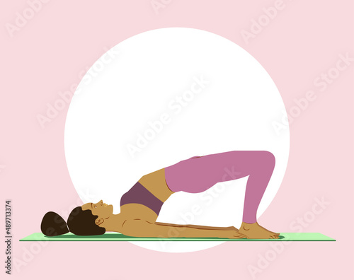 Black flexible girl with afro hair doing yoga in the bridge pose, on the mat. Flat vector illustration on yogic workout; wellness, healthy and spiritual lifestyle concept. Bandhasana pose for yoga day