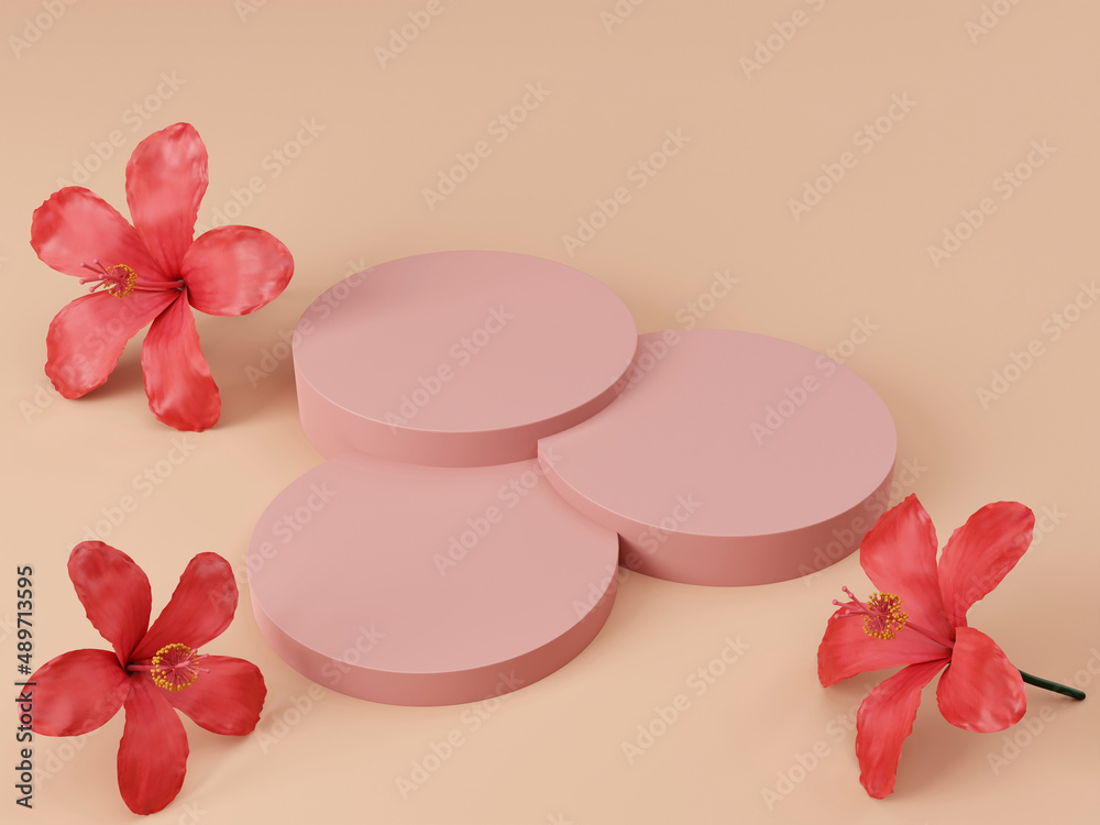 Minimalism step round product display stage with hibiscus or rose mallow flowers for cosmetic product presentation 3D rendering illustration